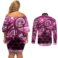 Matariki New Zealand Couples Matching Off Shoulder Short Dress and Long Sleeve Button Shirt NZ Niho Taniwha Maori New Year Pink Galaxy