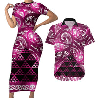 Matariki New Zealand Couples Matching Short Sleeve Bodycon Dress and Hawaiian Shirt NZ Niho Taniwha Maori New Year Pink Galaxy