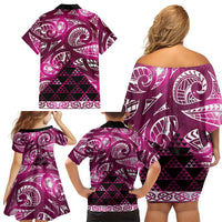 Matariki New Zealand Family Matching Off Shoulder Short Dress and Hawaiian Shirt NZ Niho Taniwha Maori New Year Pink Galaxy