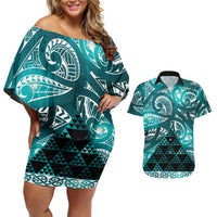 Matariki New Zealand Couples Matching Off Shoulder Short Dress and Hawaiian Shirt NZ Niho Taniwha Maori New Year Cyan Galaxy