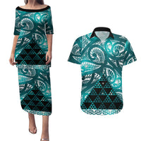 Matariki New Zealand Couples Matching Puletasi and Hawaiian Shirt NZ Niho Taniwha Maori New Year Cyan Galaxy