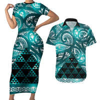 Matariki New Zealand Couples Matching Short Sleeve Bodycon Dress and Hawaiian Shirt NZ Niho Taniwha Maori New Year Cyan Galaxy
