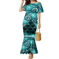 Matariki New Zealand Family Matching Mermaid Dress and Hawaiian Shirt NZ Niho Taniwha Maori New Year Cyan Galaxy