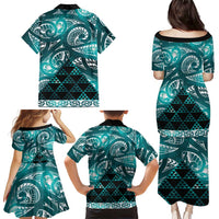 Matariki New Zealand Family Matching Puletasi and Hawaiian Shirt NZ Niho Taniwha Maori New Year Cyan Galaxy