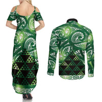 Matariki New Zealand Couples Matching Summer Maxi Dress and Long Sleeve Button Shirt NZ Niho Taniwha Maori New Year Green Galaxy