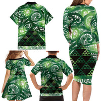 Matariki New Zealand Family Matching Long Sleeve Bodycon Dress and Hawaiian Shirt NZ Niho Taniwha Maori New Year Green Galaxy LT14 - Polynesian Pride