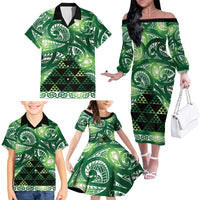 Matariki New Zealand Family Matching Off The Shoulder Long Sleeve Dress and Hawaiian Shirt NZ Niho Taniwha Maori New Year Green Galaxy LT14 - Polynesian Pride