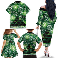 Matariki New Zealand Family Matching Off The Shoulder Long Sleeve Dress and Hawaiian Shirt NZ Niho Taniwha Maori New Year Green Galaxy LT14 - Polynesian Pride