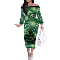 Matariki New Zealand Family Matching Off The Shoulder Long Sleeve Dress and Hawaiian Shirt NZ Niho Taniwha Maori New Year Green Galaxy LT14 Mom's Dress Green - Polynesian Pride