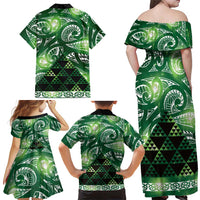 Matariki New Zealand Family Matching Off Shoulder Maxi Dress and Hawaiian Shirt NZ Niho Taniwha Maori New Year Green Galaxy LT14 - Polynesian Pride