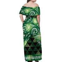 Matariki New Zealand Off Shoulder Maxi Dress NZ Niho Taniwha Maori New Year Green Galaxy