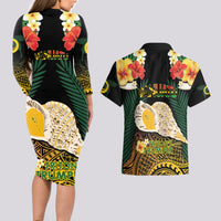 Vanuatu Triton's Trumpet Couples Matching Long Sleeve Bodycon Dress and Hawaiian Shirt Tropical Flowers Vanuatuan Map