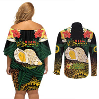 Vanuatu Triton's Trumpet Couples Matching Off Shoulder Short Dress and Long Sleeve Button Shirt Tropical Flowers Vanuatuan Map LT14 - Polynesian Pride