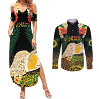 Vanuatu Triton's Trumpet Couples Matching Summer Maxi Dress and Long Sleeve Button Shirt Tropical Flowers Vanuatuan Map LT14 Black - Polynesian Pride