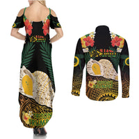 Vanuatu Triton's Trumpet Couples Matching Summer Maxi Dress and Long Sleeve Button Shirt Tropical Flowers Vanuatuan Map LT14 - Polynesian Pride