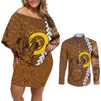 Vanuatu Coconut Crab Couples Matching Off Shoulder Short Dress and Long Sleeve Button Shirt Ni-Van Tropical Leaves With Sand Drawing Art LT14 Brown - Polynesian Pride