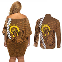 Vanuatu Coconut Crab Couples Matching Off Shoulder Short Dress and Long Sleeve Button Shirt Ni-Van Tropical Leaves With Sand Drawing Art LT14 - Polynesian Pride