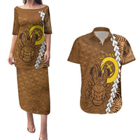 Vanuatu Coconut Crab Couples Matching Puletasi and Hawaiian Shirt Ni-Van Tropical Leaves With Sand Drawing Art LT14 Brown - Polynesian Pride