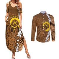 Vanuatu Coconut Crab Couples Matching Summer Maxi Dress and Long Sleeve Button Shirt Ni-Van Tropical Leaves With Sand Drawing Art LT14 Brown - Polynesian Pride