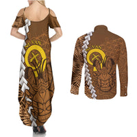 Vanuatu Coconut Crab Couples Matching Summer Maxi Dress and Long Sleeve Button Shirt Ni-Van Tropical Leaves With Sand Drawing Art LT14 - Polynesian Pride