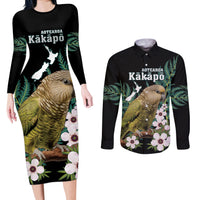 Personalised New Zealand Kakapo Couples Matching Long Sleeve Bodycon Dress and Long Sleeve Button Shirt Aotearoa Fern With Manuka