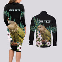 Personalised New Zealand Kakapo Couples Matching Long Sleeve Bodycon Dress and Long Sleeve Button Shirt Aotearoa Fern With Manuka