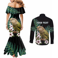 Personalised New Zealand Kakapo Couples Matching Mermaid Dress and Long Sleeve Button Shirt Aotearoa Fern With Manuka