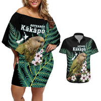 Personalised New Zealand Kakapo Couples Matching Off Shoulder Short Dress and Hawaiian Shirt Aotearoa Fern With Manuka