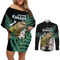 Personalised New Zealand Kakapo Couples Matching Off Shoulder Short Dress and Long Sleeve Button Shirt Aotearoa Fern With Manuka