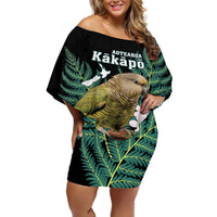 Personalised New Zealand Kakapo Off Shoulder Short Dress Aotearoa Fern With Manuka LT14 Women Black - Polynesian Pride