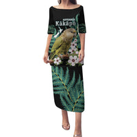 Personalised New Zealand Kakapo Puletasi Aotearoa Fern With Manuka LT14 Long Dress Black - Polynesian Pride