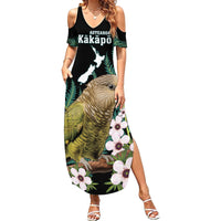 Personalised New Zealand Kakapo Summer Maxi Dress Aotearoa Fern With Manuka LT14 Women Black - Polynesian Pride