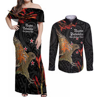 Personalised New Zealand Kea Couples Matching Off Shoulder Maxi Dress and Long Sleeve Button Shirt Nestor Notabilis With Harakeke Maori Pattern
