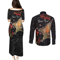 Personalised New Zealand Kea Couples Matching Puletasi and Long Sleeve Button Shirt Nestor Notabilis With Harakeke Maori Pattern LT14 - Polynesian Pride