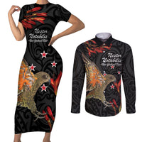 Personalised New Zealand Kea Couples Matching Short Sleeve Bodycon Dress and Long Sleeve Button Shirt Nestor Notabilis With Harakeke Maori Pattern