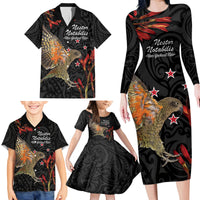 Personalised New Zealand Kea Family Matching Long Sleeve Bodycon Dress and Hawaiian Shirt Nestor Notabilis With Harakeke Maori Pattern