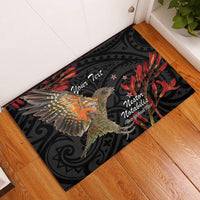 Personalised New Zealand Kea Rubber Doormat Nestor Notabilis With Harakeke Maori Pattern LT14 Black - Polynesian Pride