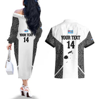 Custom Fiji Tapa Rugby Couples Matching Off The Shoulder Long Sleeve Dress and Hawaiian Shirt Flying Fijian Black And White Version