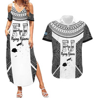 Custom Fiji Tapa Rugby Couples Matching Summer Maxi Dress and Hawaiian Shirt Flying Fijian Black And White Version