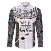 Custom Fiji Tapa Rugby Family Matching Off The Shoulder Long Sleeve Dress and Hawaiian Shirt Flying Fijian Black And White Version