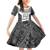 Custom Fiji Tapa Rugby Family Matching Off Shoulder Short Dress and Hawaiian Shirt Flying Fijian Black And White Version