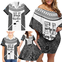 Custom Fiji Tapa Rugby Family Matching Off Shoulder Short Dress and Hawaiian Shirt Flying Fijian Black And White Version