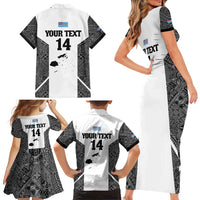 Custom Fiji Tapa Rugby Family Matching Short Sleeve Bodycon Dress and Hawaiian Shirt Flying Fijian Black And White Version