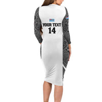 Custom Fiji Tapa Rugby Long Sleeve Bodycon Dress Flying Fijian Black And White Version