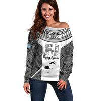 Custom Fiji Tapa Rugby Off Shoulder Sweater Flying Fijian Black And White Version
