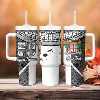 Custom Fiji Tapa Rugby Tumbler With Handle Flying Fijian Black And White Version