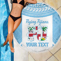 Custom Fiji Tapa Rugby Beach Blanket Flying Fijian Blue And White Version