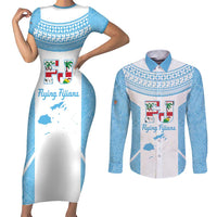 Custom Fiji Tapa Rugby Couples Matching Short Sleeve Bodycon Dress and Long Sleeve Button Shirt Flying Fijian Blue And White Version