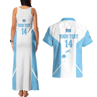 Custom Fiji Tapa Rugby Couples Matching Tank Maxi Dress and Hawaiian Shirt Flying Fijian Blue And White Version