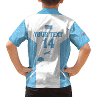 Custom Fiji Tapa Rugby Family Matching Off The Shoulder Long Sleeve Dress and Hawaiian Shirt Flying Fijian Blue And White Version